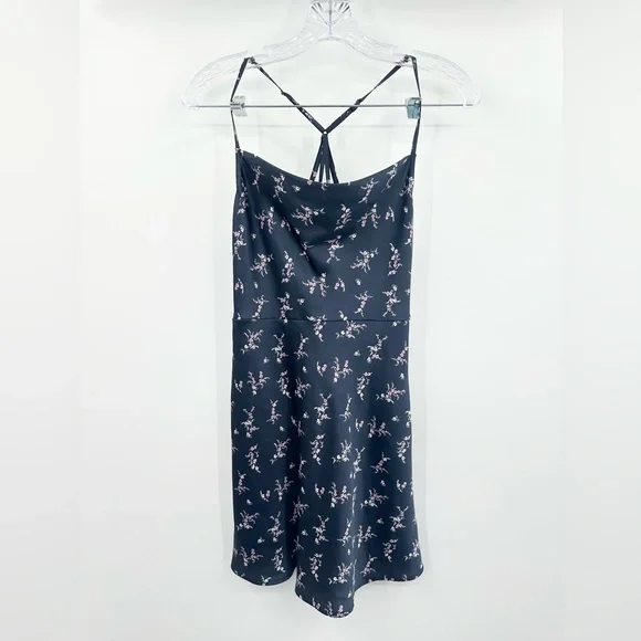 Abercrombie & Fitch Women's Navy Satin Floral Slip Mini Dress Cowl Neck Size XSP - Picture 2 of 5